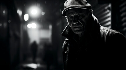 Fototapeta na wymiar Shrouded in Shadows: A mysterious figure evoking a classic film noir ambiance