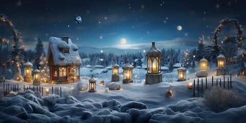 Christmas, starry sky over the village
