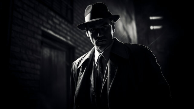Shrouded in Shadows: A mysterious figure in a fedora, evoking a classic film noir ambiance