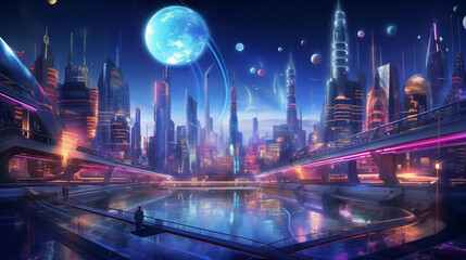 Fototapeta na wymiar Cosmopolitan Future City with Hovering Trains and Planetary Orbits