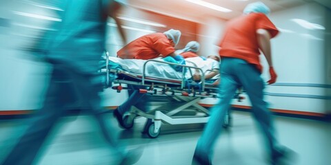 Hospital emergency medicine concept. Team of doctors rushing a patient in a gurney - obrazy, fototapety, plakaty