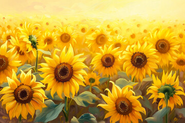 Obraz premium Generate a cheerful and uplifting painting of a field of sunflowers, with their bright yellow petals shining under the warm sun