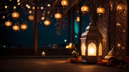 ramadan decoration with arabic lantern and candle in the night.