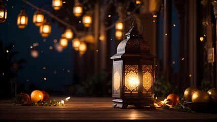 ramadan decoration with arabic lantern and candle in the night.