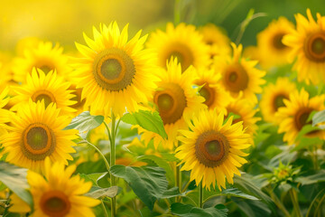 Generate a cheerful and uplifting painting of a field of sunflowers, with their bright yellow petals shining under the warm sun