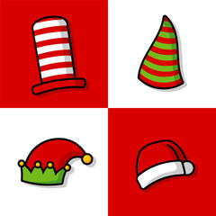 Christmas hats and decorations, vector illustration. Santa Claus hats, funny elf hats.