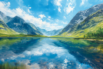 Generate a peaceful and uplifting painting of a serene lake surrounded by majestic mountains