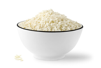 Bowl of raw white rice, isolated on white background