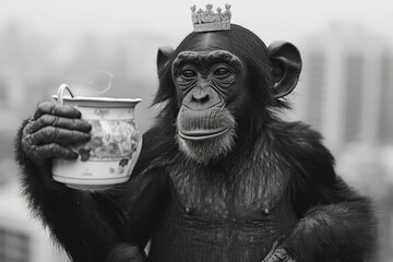 Monkey with a crown on his head and a glass of tea in his paw outdoors