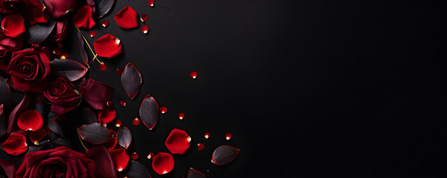 Floral frame made of beautiful red rose petals, confetti and hearts on black background. Love and romantic. Greeting card for Valentine's, women's, mother's day. Flat lay, top view with copy space. - Powered by Adobe