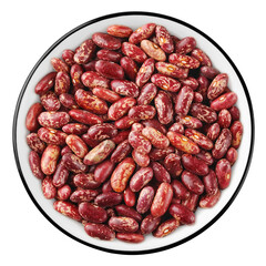 Speckled red kidney beans in bowl top view, isolated on white background
