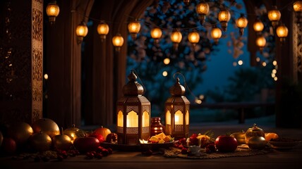 Ramadan lantern with crescent moon and podium as luxury islamic background. Decoration for ramadan kareem, mawlid, iftar, isra miraj, eid al fitr adha and muharram - obrazy, fototapety, plakaty
