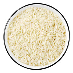 Top view of white rice in a bowl, isolated on white background
