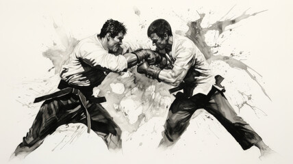 Monochromatic Intensity Unleashed: Two martial artists locked in a fierce exchange, their energy exploding into abstract brush strokes