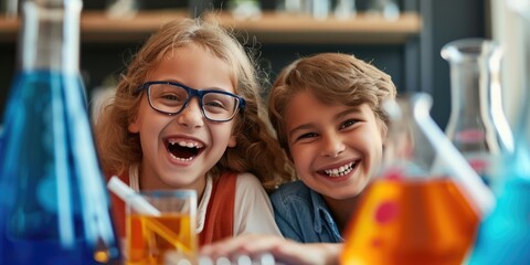 Portrait of two smiling friends children doing scientific experiment - Powered by Adobe