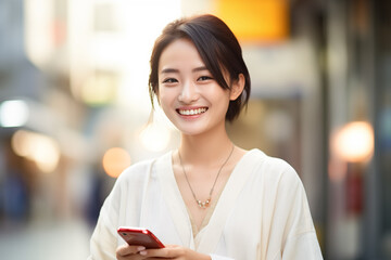 Smiling Japanese woman holding a smartphone