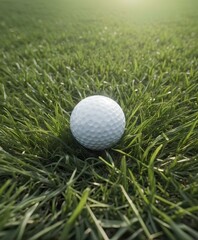 Golf ball and club on lush green course.
