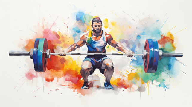  Strength and Determination: Colourful, abstract image of an individual lifting weights, showing their power and resolve. Artwork uses splashes and strokes of paint to create a dynamic and energetic