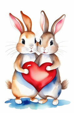 St Valentine's day watercolor greeting card with cute rabbits holding big red heart together.