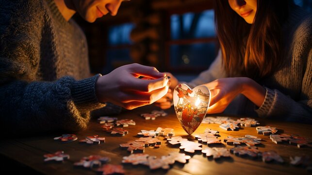 ouple Assembling a Heart-Shaped Puzzle Amid Scattered Pieces