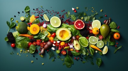 Obraz na płótnie Canvas a variety of fruits and vegetables are arranged in a horizontal arrangement on a teal background, including oranges, kiwis, avocados, lemons, spinach, and spinach.