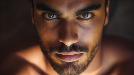 Intense Stare, Young Man with Piercing Brown Eyes and Shadow Play