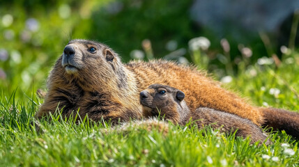 un bébé marmotte et sa mère dans l'herbe fraîche au printemps