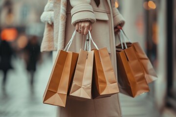 Close up of a womans hand holding shopping bags generative ai