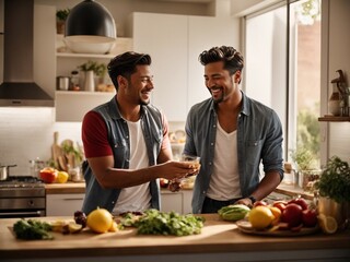 Ai generated image of a happy and loving gay couple enjoying preparing a healthy and delicious meal in a beautiful, modern and bright kitchen