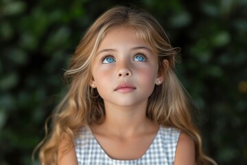 Portrait of a cute little girl with long blonde hair on a light background.