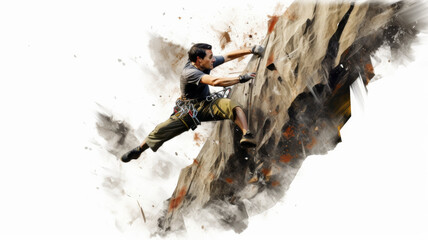 Action image of a "climber conquering a challenging rock wall" in an impressionistic expressive style with a white background