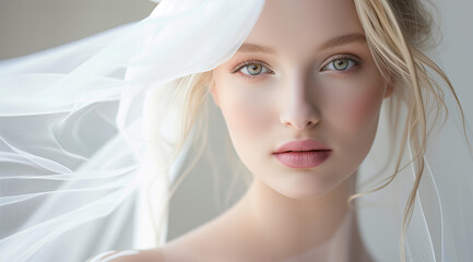 Ethereal Beauty Bride, Delicate Veil, Graceful Blonde Woman with Mesmerizing Eyes - obrazy, fototapety, plakaty