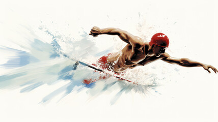 Action shot of a "swimmer diving off the starting block" in an impressionistic expressive style with a white background