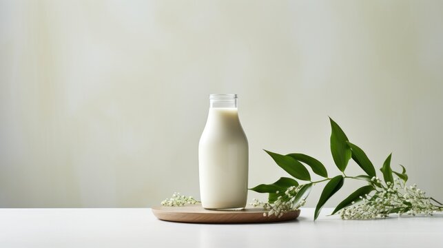  a bottle of milk sitting on top of a table next to a plate with a plant in front of it.