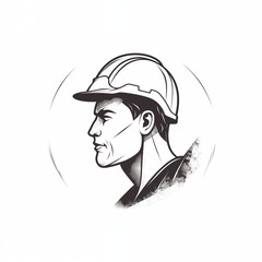 Construction company logo, worker in a safety helmet on a white background.
