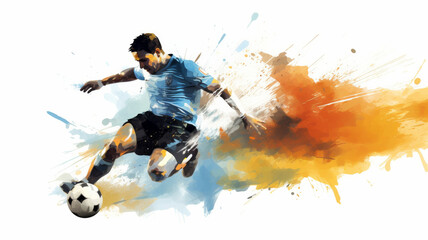 Illustration in Action: A soccer player’s dynamic dribble at speed, captured amidst splashes of vibrant colours exploding