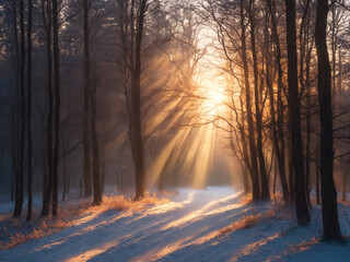 The light rays of the sun beam through the bare trees and illuminate the snowy forest, showcasing the beauty of nature