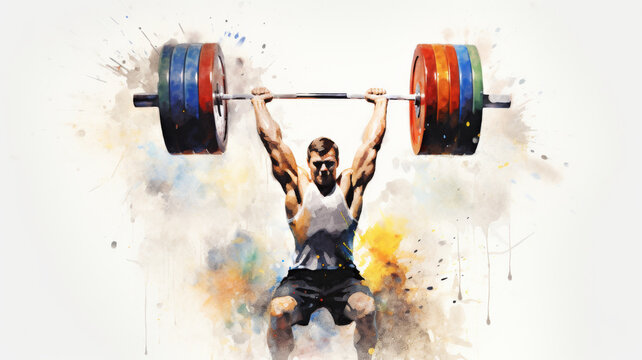 Strength and Determination: Colourful, abstract image of an individual lifting weights, showing their power and resolve. Artwork uses splashes and strokes of paint to create a dynamic and energetic.