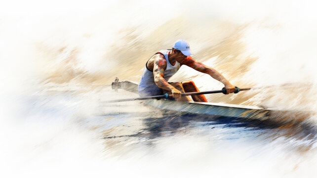 Rower powering through the water with determination, in an impressionistic expressive style with a white background