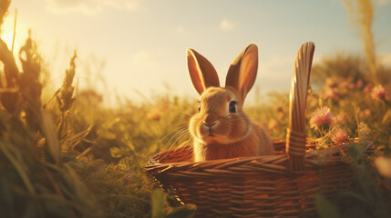 Cute Easter bunny and Wooden basket during sunset created with generative AI