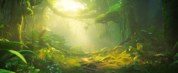 Fototapeta na wymiar Enchanted jungle trail with sun rays filtering through