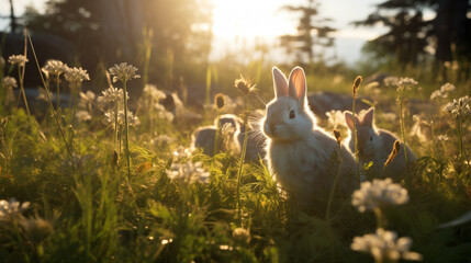 Cute bunnies in the grass created with generative AI