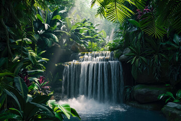 Generate a relief of a waterfall in a jungle