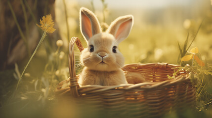 Adorable Easter bunny and Wooden basket created with  generative AI