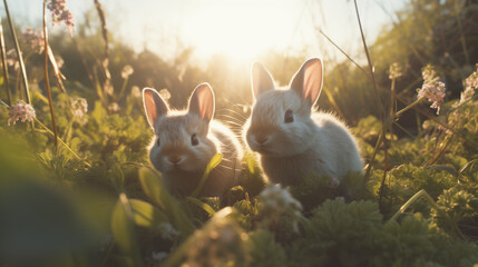 Adorable Easter bunnies in the grass created with generative AI