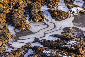 Frozen water in tractor tracks in a field