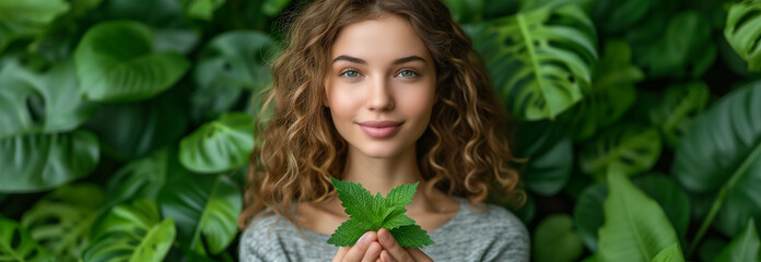 Header with graceful herbal girl holding a bouquet of green herb in a peaceful natural setting. Ecological concept of care; banner on respect for the environment. Biodiversity Protection for Earth Day - obrazy, fototapety, plakaty