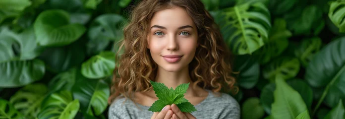 Fotobehang Header with graceful herbal girl holding a bouquet of green herb in a peaceful natural setting. Ecological concept of care  banner on respect for the environment. Biodiversity Protection for Earth Day © Andrea Marongiu