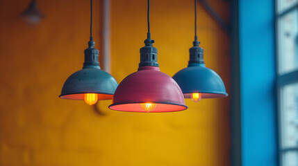 Obraz premium Chandelier ceiling lamp in a warehouse. Essential idea for interior design with hanging warm light bulb in industrial style. Copy space, text and copy space for architecture and advertisement
