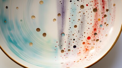  a close up of a plate on a wall with holes in the center of the plate and on the side of the plate is a blue, red, white, yellow, red, and blue, and black, and white design.